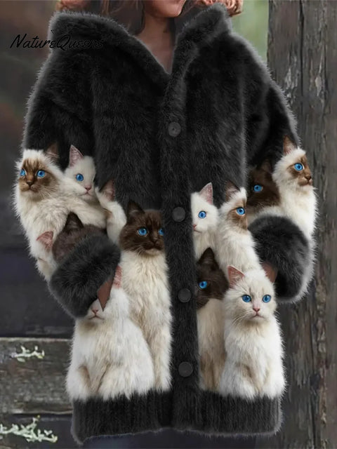 Women's Funny Cats Pattern Art Print Casual Fleece Coat