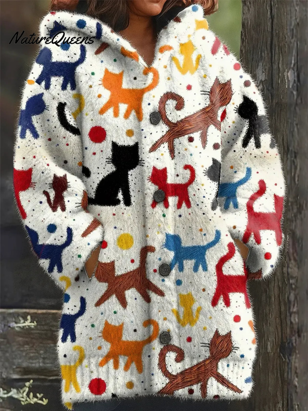 Women's Funny Cats Pattern Art Print Casual Fleece Coat