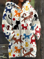 Women's Funny Cats Pattern Art Print Casual Fleece Coat
