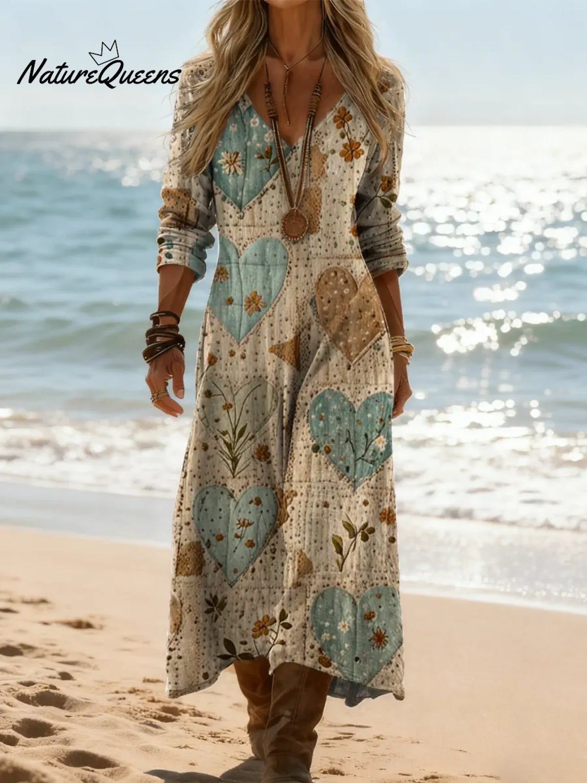 Women's Vintage Love Pattern Art Print Casual Cotton Dress