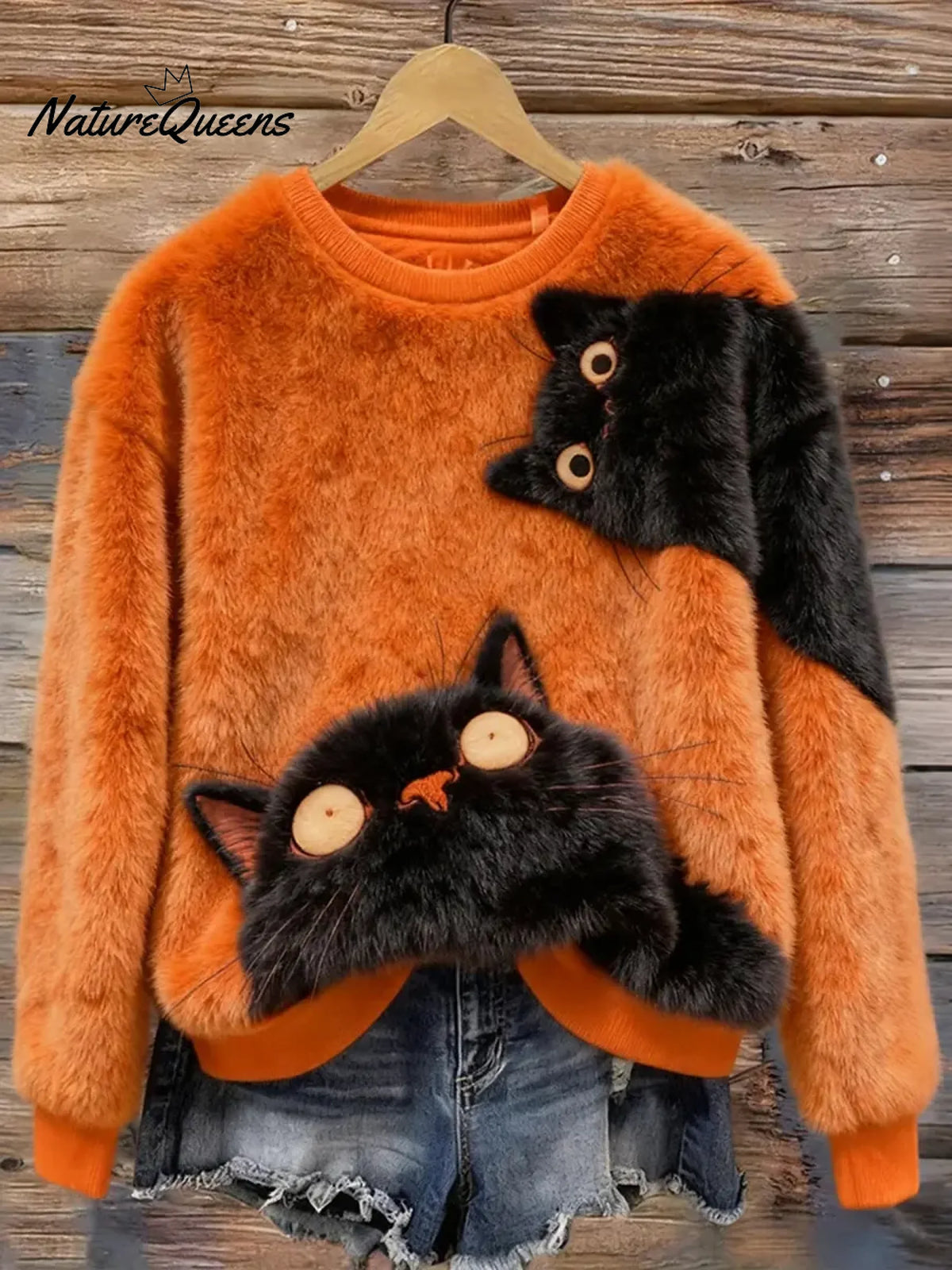 Women's Funny Cats Pattern Art Print Casual Velvet Sweatshirt