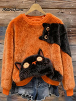 Women's Funny Cats Pattern Art Print Casual Velvet Sweatshirt