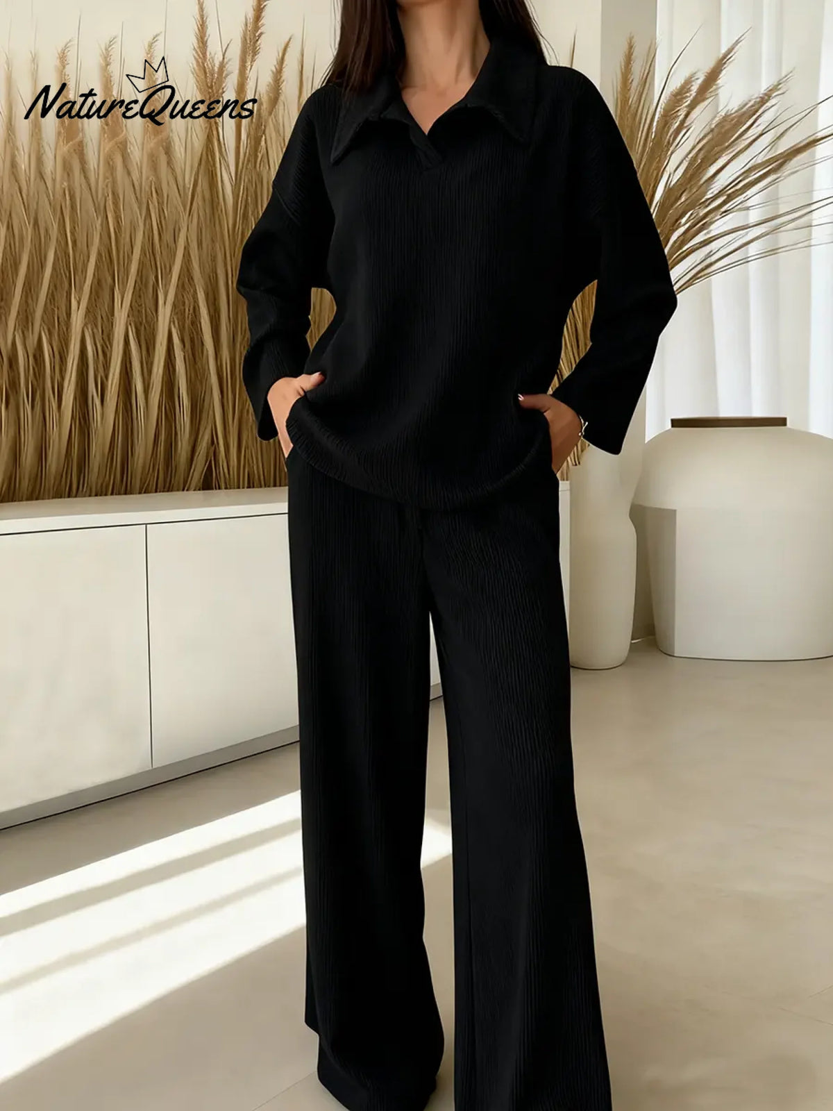 Women's Solid Color Collared Long-sleeved Casual Loose Top With Elastic Waist And Wide-leg Pants Set