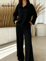 Women's Solid Color Collared Long-sleeved Casual Loose Top With Elastic Waist And Wide-leg Pants Set