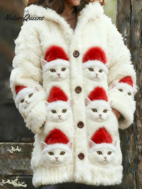 Women's Funny Cats Pattern Art Print Casual Fleece Coat