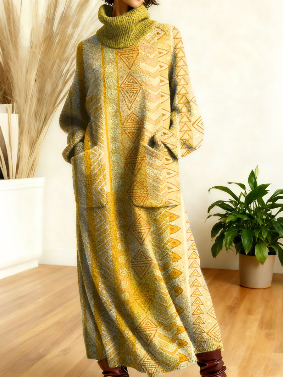 Women's Retro Gradient Flowers Floral Patterns Art High-neck Long-sleeve Casual Loose Knit Dress