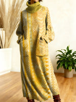 Women's Retro Gradient Flowers Floral Patterns Art High-neck Long-sleeve Casual Loose Knit Dress