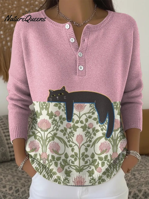 Patchwork Patterns And Cats Print Buttoned Cardigan Sweater