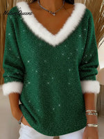 Women's Christmas V-neck Faux Rabbit Fur Sweater Top
