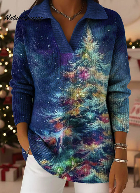 Color Christmas Tree Art Pattern Art Polo Collar Shiny Loose Sweater Top