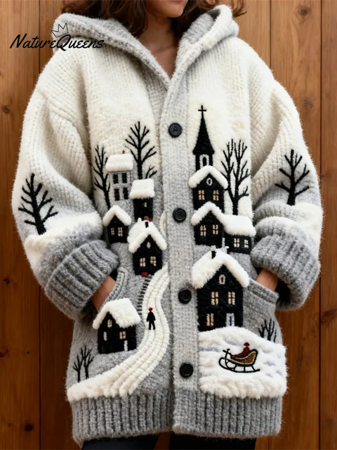Women's Christmas Pattern Art Print Casual Fleece Coat