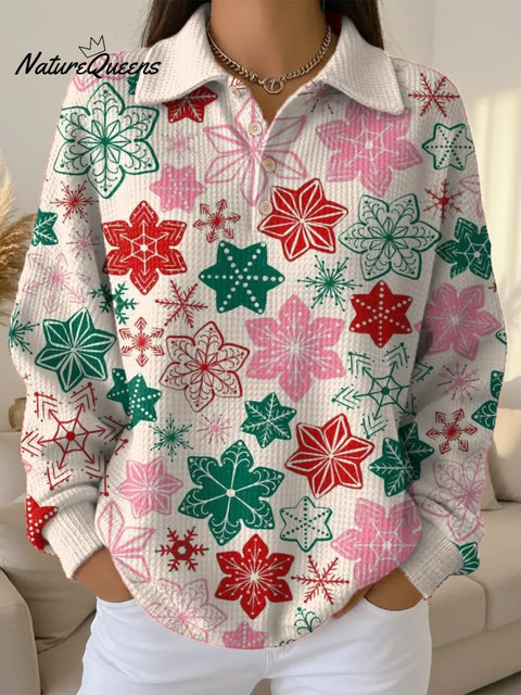 Women's Christmas Snowflake Pattern Art Print Casual Cotton Waffle Sweatshirt