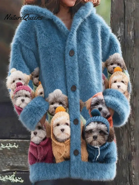 Women's Funny Dogs Pattern Art Print Casual Fleece Coat