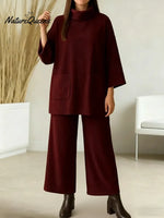 Women's Solid Color High-neck Long-sleeved Casual Loose Top With Elastic Waist And Wide-leg Pants Autumn/winter Set