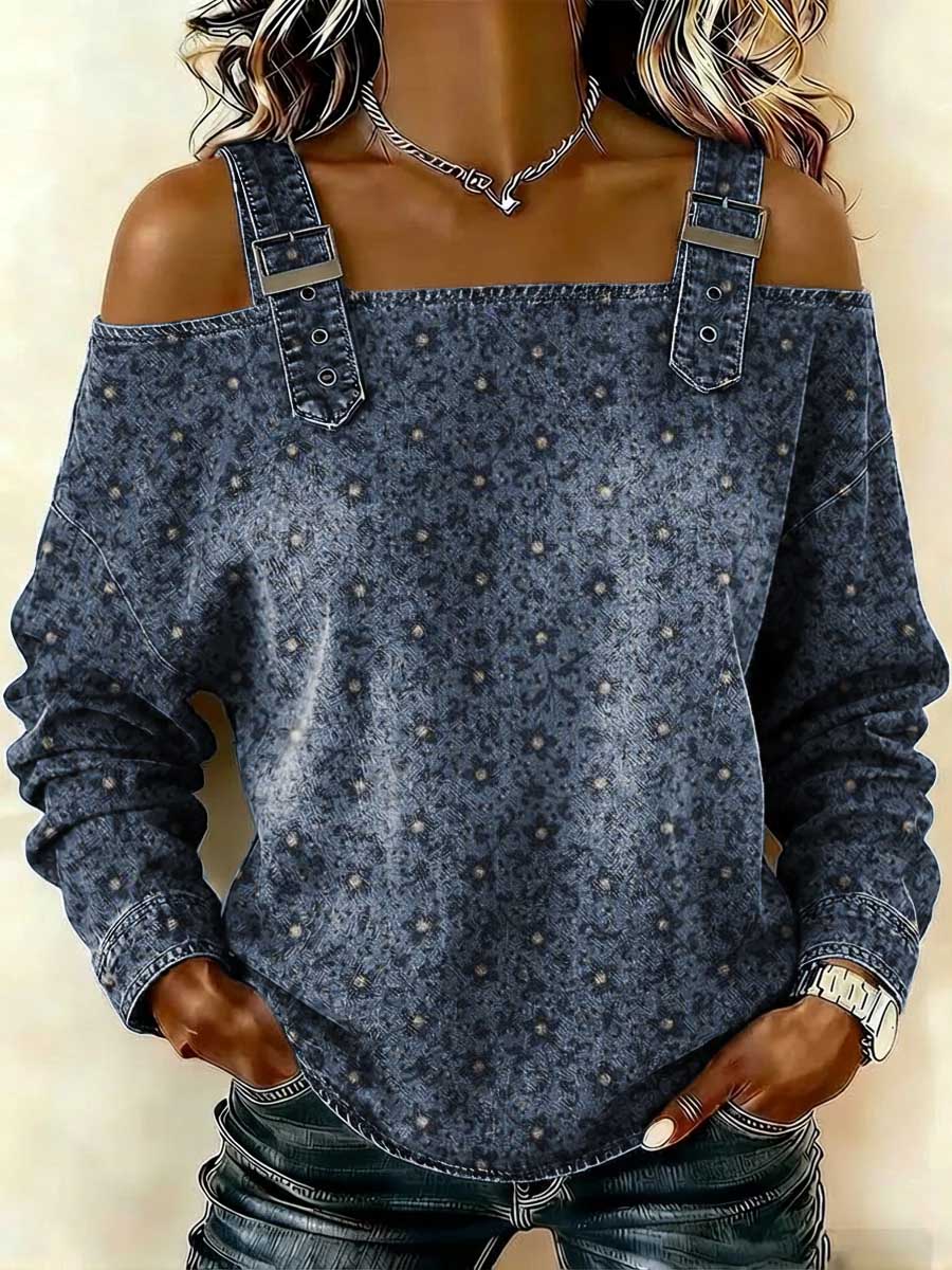 Women‘s Little Flower Print Casual Cotton Denim Shirt