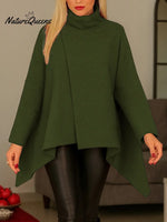 Women's Solid Color High-neck Long-sleeved Casual Loose-fitting Cape Top With Irregular Hem.