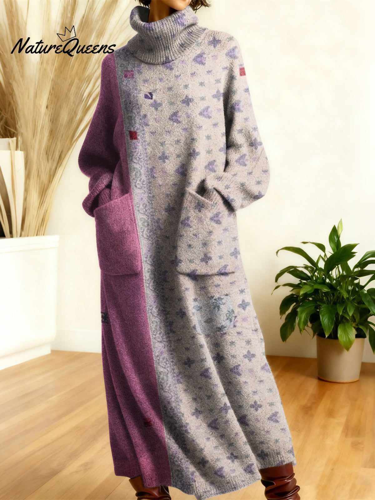 Women's Retro Splicing Colorful Flowers Pattern Art High-neck Long-sleeve Casual Loose Knit Dress