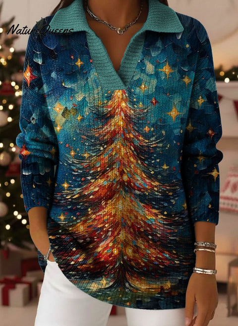 Christmas Tree Bow Art Pattern Art Polo Collar Shiny Loose Sweater Top