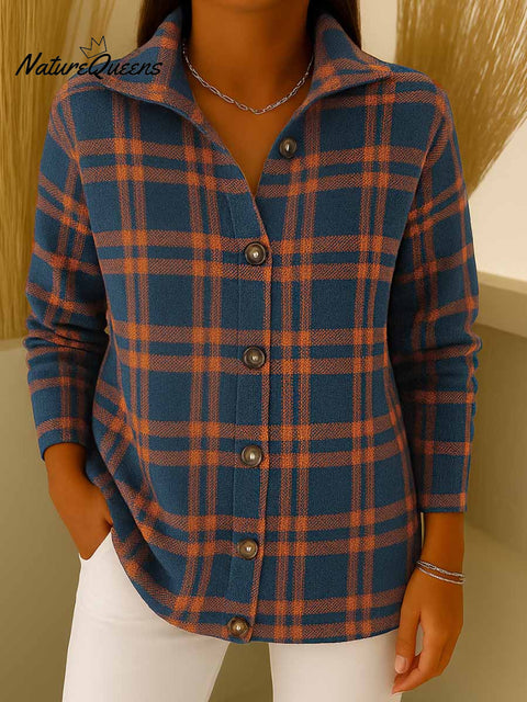 Women's Plaid Print Stand Collar Casual Loose Knit Cardigan