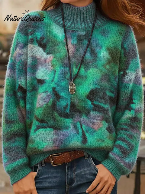 Artistic Gradient Print Turtleneck Fleece Sweater