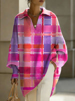 Women's Color Plaid Patterns V-neck Long-sleeved Casual Loose-fitting Knitted Pullover Sweater