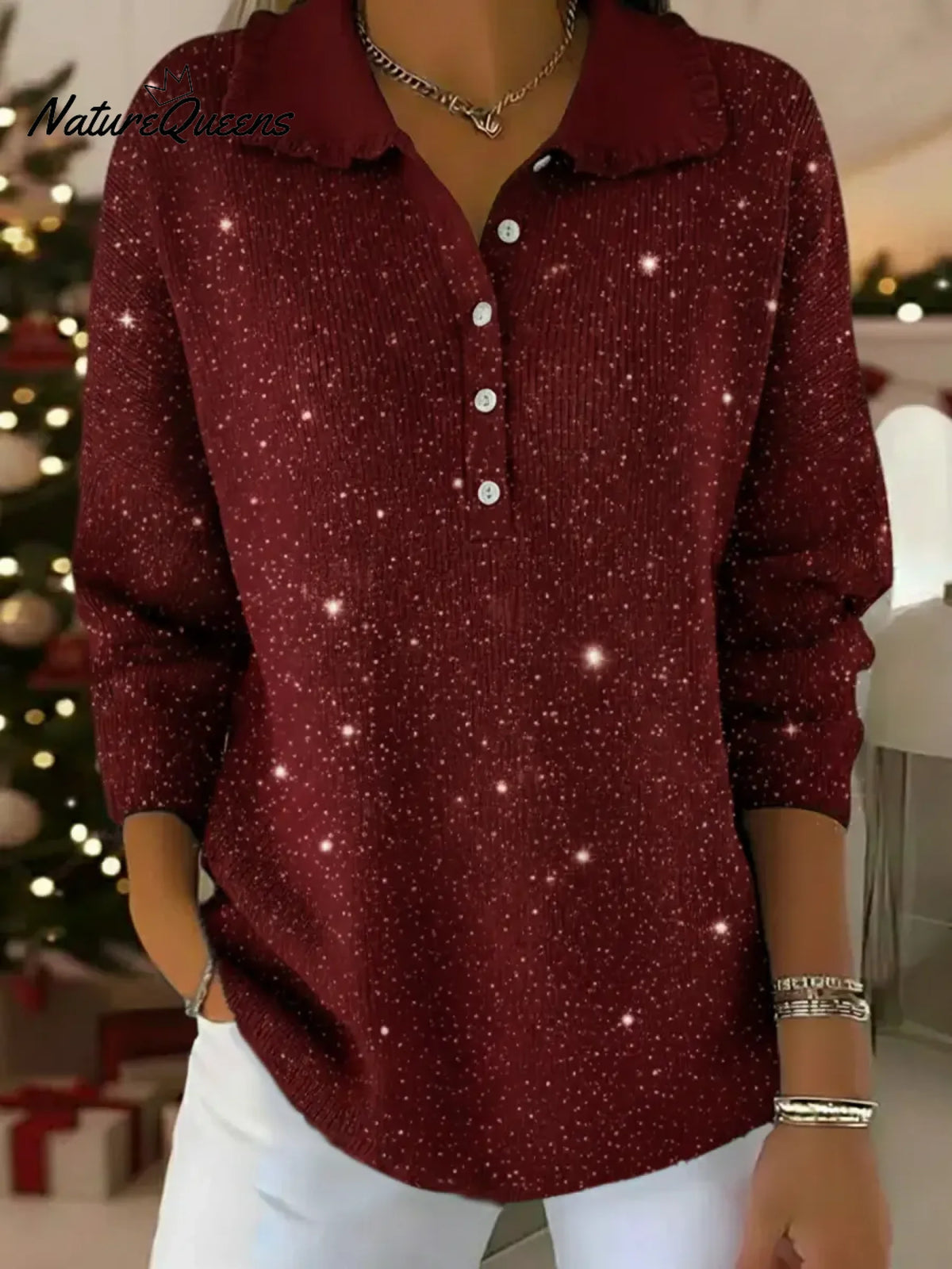 Women's Solid Color Peter Pan Collar Long Sleeve Casual Loose Sequined Knit Top