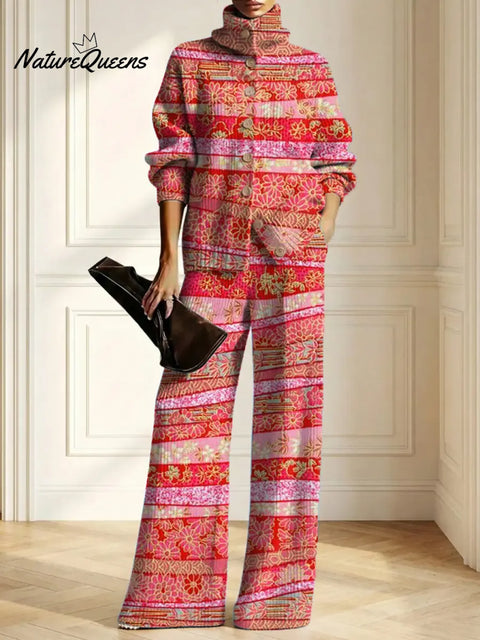 Women's Floral Pattern Art Print Casual Cotton Knitted Suits
