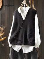 Women's Solid Color V-neck Sleeveless Loose-fitting Knitted Cardigan Vest