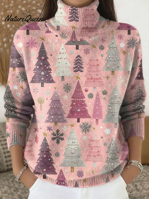 Women's Pink Christmas Tree Print Turtleneck Sweater