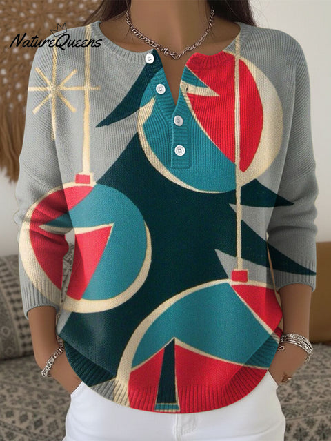 Women's Multicolor Christmas Trees Geometric Pattern Art Print Buttoned Cardigan Sweater