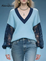 Women's Color-block Lace-paneled V-neck Long-sleeved Casual Loose-fitting Knitted Sweater