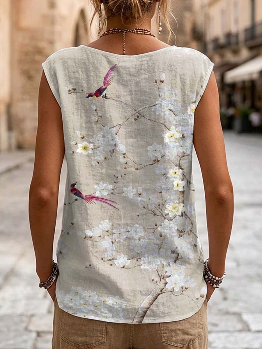 Women's Floral Birds Pattern Art Print Casual Sleeveless Cotton Shirt