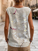 Women's Floral Birds Pattern Art Print Casual Sleeveless Cotton Shirt