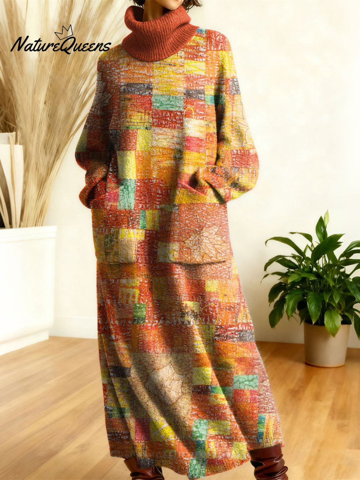 Women's Retro Flowers High-neck Long-sleeve Casual Loose Knit Dress