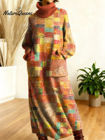 Women's Retro Flowers High-neck Long-sleeve Casual Loose Knit Dress