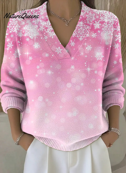 Pink Gradient Snowflake Print V-Neck Sweater