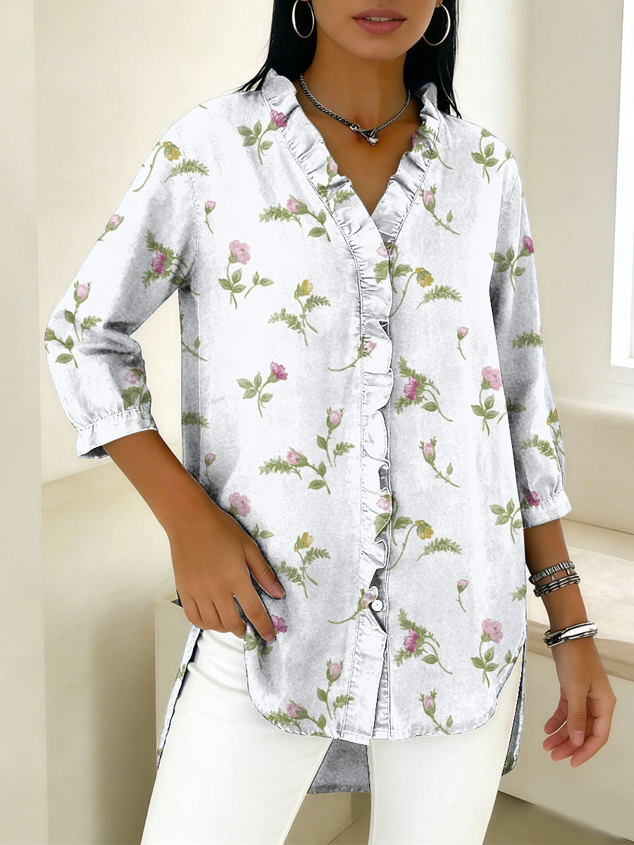 Elegant Floral Decorative Patterns Women's Casual V Collar Cotton Shirt