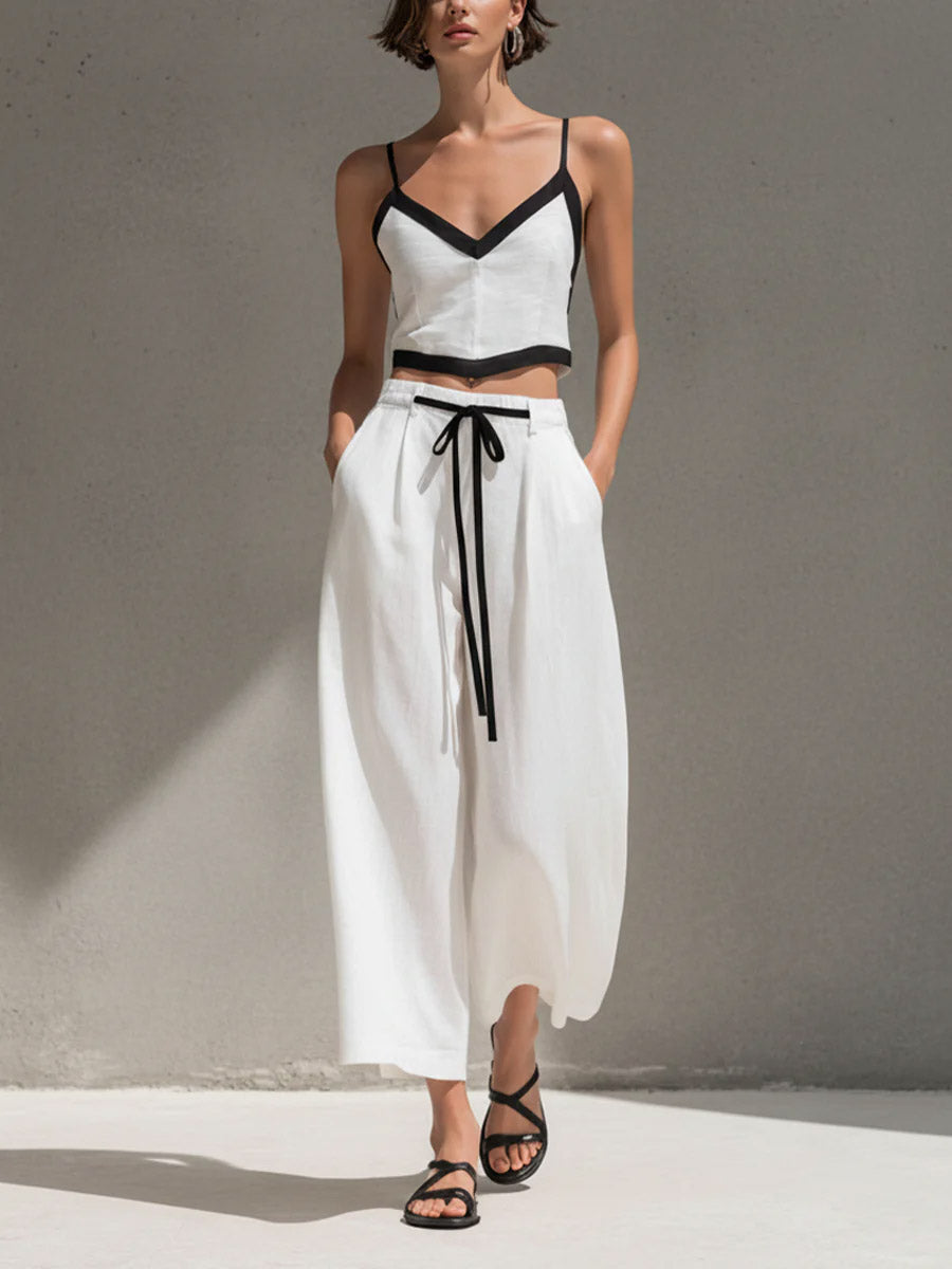 Women's Solid Color Casual Loose Cotton Linen Jacket V-neck Camisole Elastic Waist Drawstring Wide-leg Pants Cotton Linen Three-piece Set