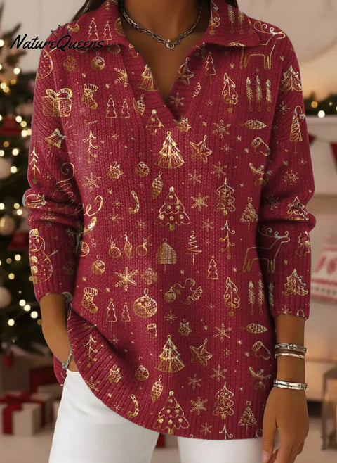 Christmas Elements In Gold Print Lapel Casual Knit Sweater