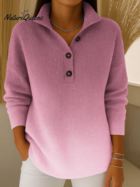 Women's Gradient Print Collared Long Sleeve Casual Loose Sequined Knit Cardigan