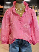 Women's Vintage Flower Art Print Casual Cotton And Linen Ruffle Shirt