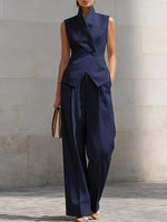 Women's Stand-up Collar Sleeveless Casual Loose Top And High-waisted Casual Loose Wide-leg Pants Cotton Set