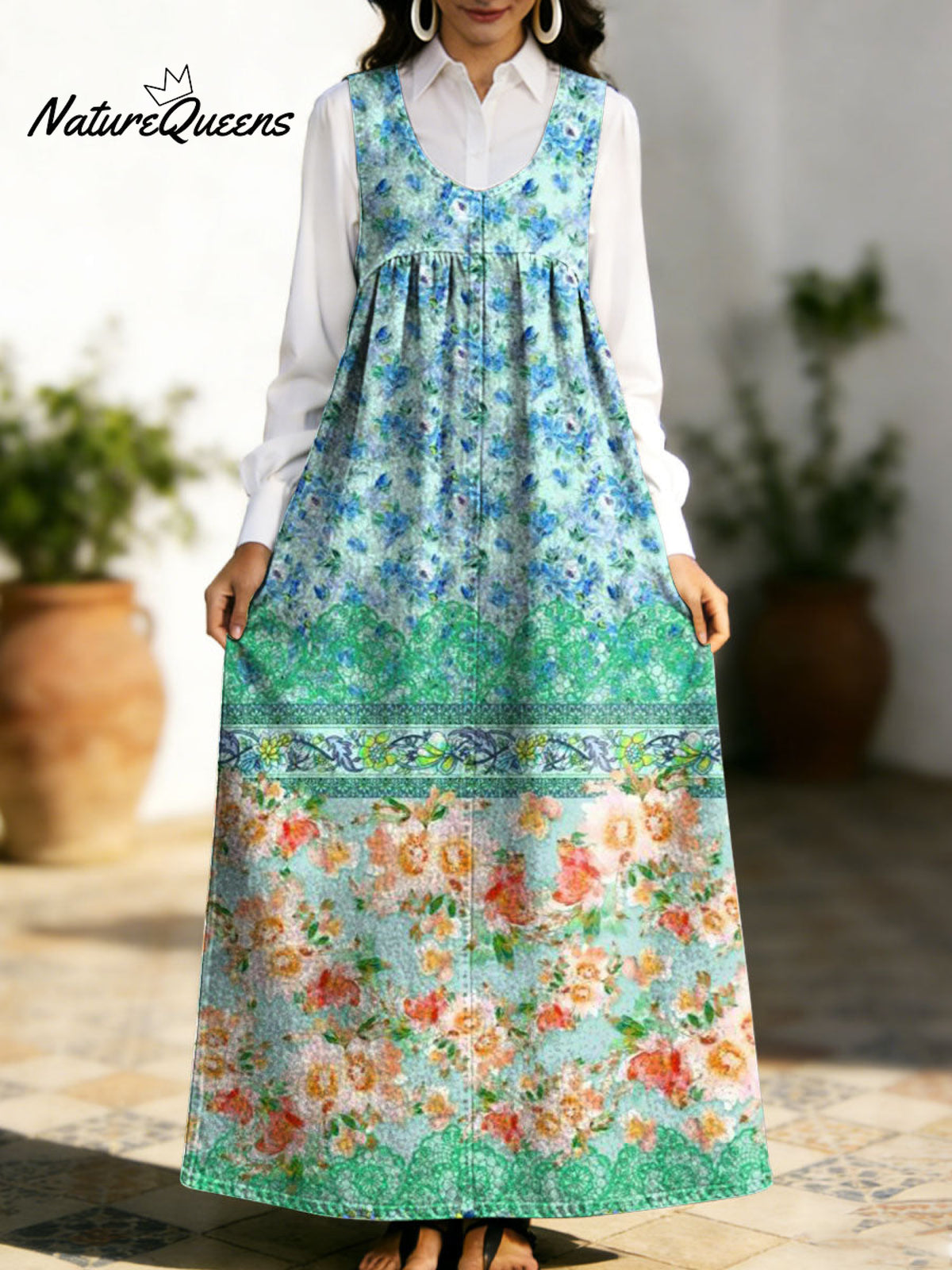 Women's Retro Splicing Colorful Flowers Pattern Art Print Casual Cotton Denim Dress