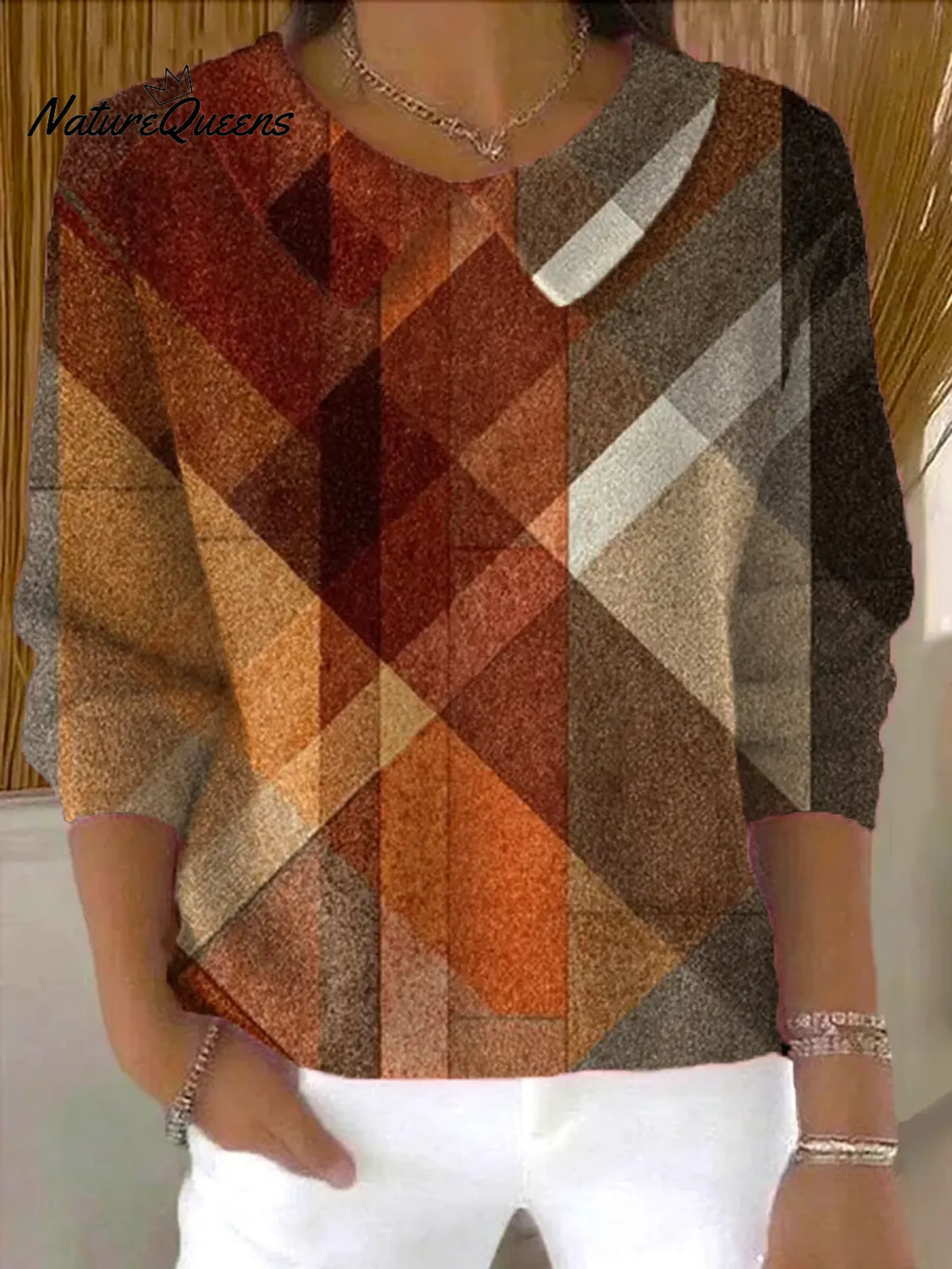 Women's Abstract Geometry Print Casual Peter Pan Collar 3/4 Sleeve Sweater