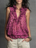 Chic And Casual Sleeveless Leopard-print Chiffon Top With A Half-zip.