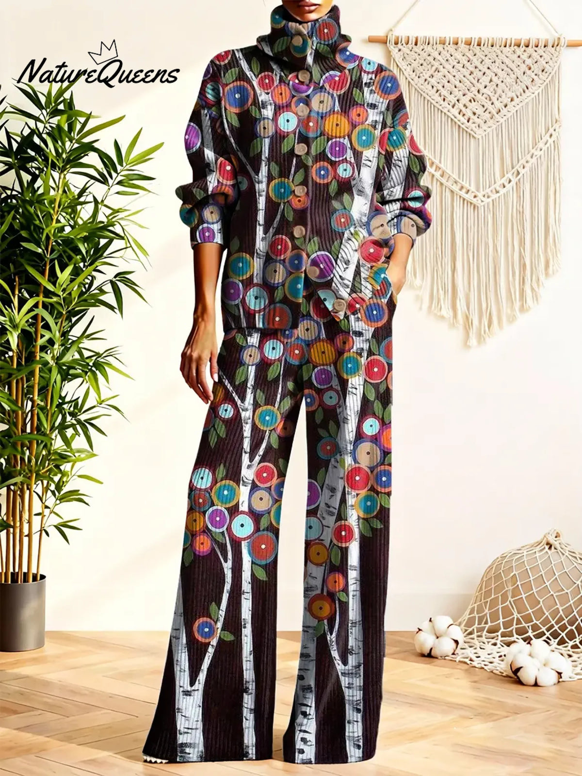 Women's Vintage Flower Pattern Art Print Casual Cotton Knitted Suits