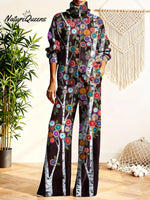 Women's Vintage Flower Pattern Art Print Casual Cotton Knitted Suits