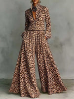 Women's Leopard Print Matching Set: Collared Long-sleeve Loose-fit Casual Top & High-waisted Loose Wide-leg Pants