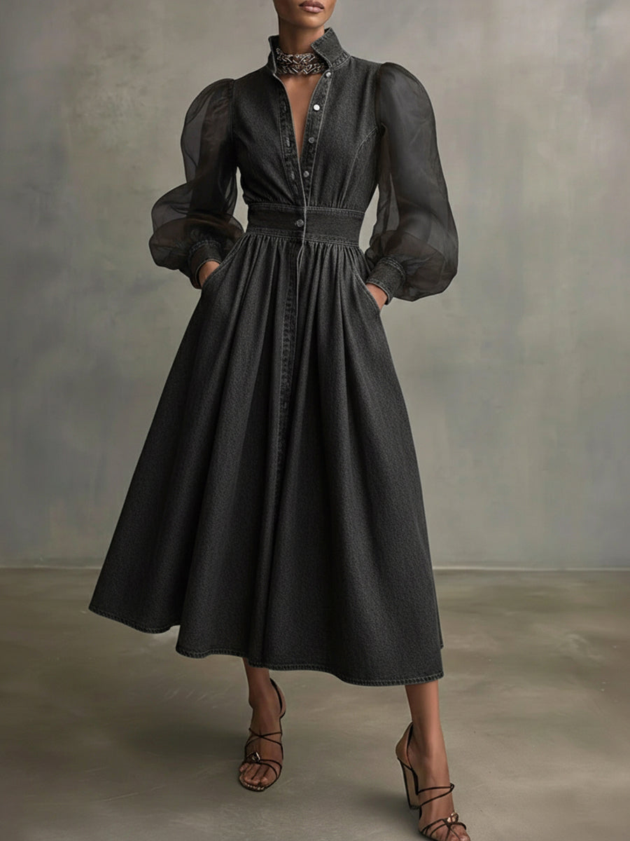 Stylish Denim Dress With Organza Sleeves And Buttons