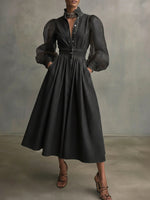 Stylish Denim Dress With Organza Sleeves And Buttons